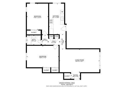 Floor plan for 2 beds, 1 bath, 800 sqft